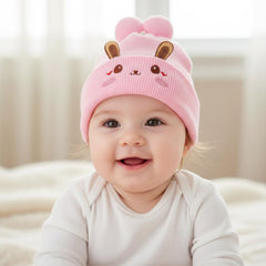 MOMISY Bunny Baby Cap, Soft Beanie Woolen Hat for Spring, Winter, Autumn, for Newborn, Infant, Toddler, Kids, Babies- 0 to 6 Months (in, Age, 0 Months, 6 Months, Light Pink)