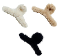 MOMISY Soft Faux Fleece Fur Large Hair Clutcher/Clip/Claw/Clamp/Pin/Fluffy/Accessories, Random Color For Women & Girls-Pack of 3 (RiceWhite Khaki Black)