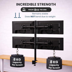 UNIQ Mounts™ 4 Screen Monitor Mount for 13''-27'' Screens, Heavy Duty with 180° Swivel, 360° Rotation, +90°-85° Tilt, VESA 75x75/100x100, 8kg Weight Capacity per Arm,Clamp + Grommet