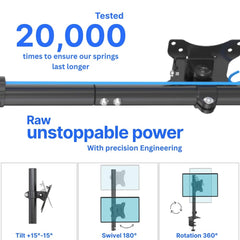 UNIQ Mounts™ Dual Vertical Monitor Arm for 13–32", Desk Mount with 8kg Load Per Arm, 180° Swivel, 360° Rotation, ±15° Tilt, Full Motion Adjustable VESA 75/100 Monitor Holder