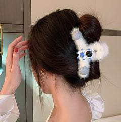 MOMISY Soft Faux Fleece Fur Large Hair Clutcher/Barrette Clip/Claw/Clamp/Pin/Fluffy/Accessories, Random Color For Women & Girls-Pack of 2 (Astronaut, Flower-White)