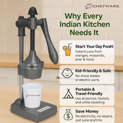 CHEFWARE Aluminum Instant Hand Press Citrus Fruits and Vegetable Juicer, Big, Black,100% Made In India (Juice Pro Antique Silver)