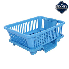 STANSY Plastic Dish Drainer with Cutlery Holder & Drain Tray, Blue, 45 x 32 x 18 cm