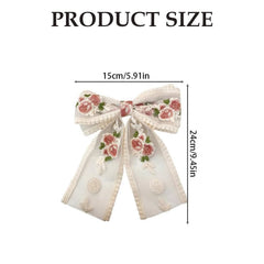 MOMISY Floral Embroidery Hair Bow Barrette Clips, Fabric Back Clips for Women and Girls (Beige, Large)