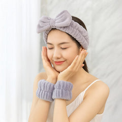 MOMISY Face Wash Headband and Wristband Set for women ladies female and girls, Stretchy Bowknot Design, Super Absorbent Flannel, for Face Washing, Makeup, Yoga (Grey, Free)