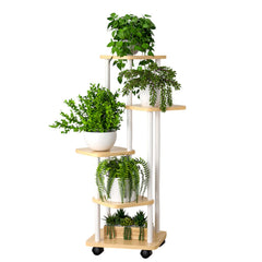 STANSY 5 Tier Plant Stand with Wheels | Multi-Layer Metal Flower Shelf for Indoor & Outdoor Use | Heavy-Duty Wooden Laminate Display Stand for Home, Balcony, Living Room(Light Walnut + White, 112cm)