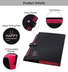 SYGA Cute Smiling Face Multi-Layer Accordion Bag Storage A4 Folder, Small Fresh Test Paper Bag Ticket Information Bag 12 Grids (Black)