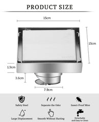 SYGA 304 Stainless Steel Square Shower Room Floor Drain Sanded Finish 15 x 15 cm