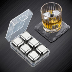SYGA 6 Stainless Steel Whiskey Stones Ice Cubes with Container- Food Grade Quick-Frozen Ice for Wine - Metal Ice Cubes for Chilling Red Wine
