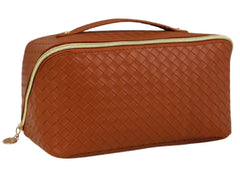 MOMISY Large Capacity Cosmetic Travel Bag, Women's Makeup Travel Bag Portable Leather Cosmetics Bag, Makeup Storage Bags with Handle and Divider, Wide Opening Cosmetic/Makeup Organizer (Woven Brown)