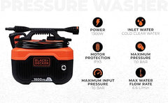 BLACK+DECKER BEPW1600 1300W 1600 PSI 110 Bar Pressure Washer for Car, Bike, Home & Garden Cleaning Use with Multiple Accessories Included, 1 Year Warranty, Orange & Black