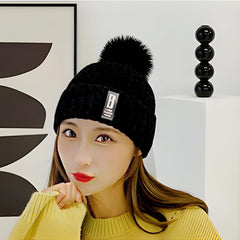 SYGA Winter Beanie Hat For Women Warm Woolen Lining Knit Bobble Pom Pom Skull Cap Fleece Lined Warm Cap Outdoor Hat - Beige, Free Size