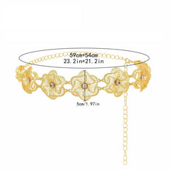 SYGA Women Flower Waist Chain Retro Gold Belt Ethnic Style Adjustable Navel Chain Alloy Waist Gold