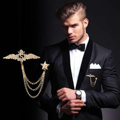 SYGA Men's & Women Suit Shirt Stud Lapel Pin Chain Tassel Brooch Pin with Golden Wings Pentagram Crystal Chain