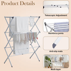STANSY Foldable Clothes Drying Rack, Multi-Tier Metal Laundry Stand, White, Space Saving, Portable, Indoor Outdoor Use for Balcony Bathroom Home