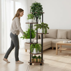 STANSY 6 Tier Plant Stand with Wheels | Tall Multi-Layer Indoor Plant Rack for Multiple Pots | Corner Flower Stand for Home, Balcony, Living Room, Patio (Mocha Brown + Black, 138cm)