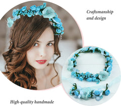 SYGA Flower Tiara and Bracelet Set Pearl Flower Headband and Foam Flower Bracelet Bridesmaid Floral Hair Bands Floral Garland for Women Bride Wedding Vine Tiara Bridal Crown Hair Accessory - Blue
