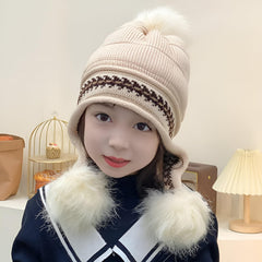 MOMISY Girl's Winter Warm Pom-Pom Balaclava Hat Full Cover Earflap Hood Cap_5-10 Years (Beige)