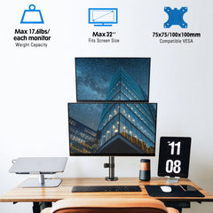 MOUNTUP Dual Monitor Stand, Vertical Mount for 2 Max 32 inch Stack Screen Monitors, Height Adjustable, Swivel, Tilt Monitor Desk Mount with C Clamp Grommet Base, MU3004
