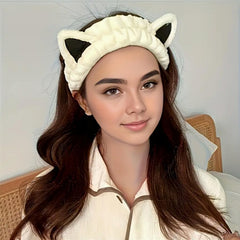MOMISY Elastic Women's Lovely Hair Band Wash Face Spa Headband-Washable Facial Band Makeup Wrap Headbands Fits All Head Sizes-Cat Ear (OffWhite Black, Free)
