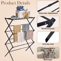 STANSY Foldable Cloth Drying Stand, Multi-Tier Metal Clothes Airer, Space-Saving Freestanding Laundry Rack for Home, Balcony, Laundry Room, Black