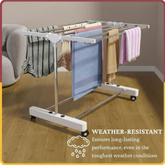 STANSY Stainless Steel Foldable Clothes Drying Rack with Wheels, Heavy-Duty Laundry Stand for Home & Balcony, Space-Saving Design, Indoor Outdoor Cloth Dryer