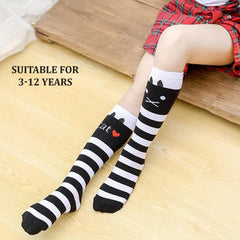 MOMISY 1 Pair of Baby Spring Winter And Autumn Combed Cotton Long Tube Knee-High Socks Suitable Age of 3 to 12 Years (LoveCatStripe, 3-12Y)