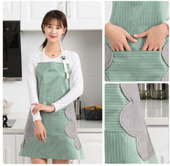 MOMISY Kitchen Cooking Apron with Pocket and 2 Stitched Towels Waterproof Adjustable Durable Stripe Kitchen Women Men Apron with Pockets Bib (Striped Green)