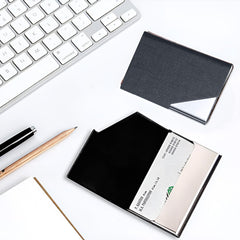 MOMISY PU Leather Professional Business Visiting Card Case Wallet Debit Credit ATM Card Holders for Men & Women (6.5 x 1.25 x 9.5 cm) (Grey)