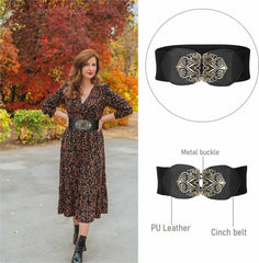 SYGA Women Cinch Belt, PU Leather Stretchy Waist Belt with Floral Metal Buckle, Retro Style - Beige(Fits Waist Size 25-35)