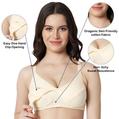 MOMISY Maternity Nursing Bra for Women | Non-Padded Cotton Blend | Wire-Free V-Neck Feeding Bra (Size 38 Beige)