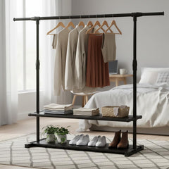 STANSY Garment Rack Freestanding Hanger, Metal Clothing Storage Rack with Double Shelves, Black, Multi-Functional Clothes Stand for Bedroom, Closet, Boutique