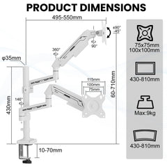 ETHU Dual Premium Monitor Arm with Gas Spring, Vertical Dual Monitor Mount for 17-32 Inch Screens up to 9kg Each, Adjustable VESA Monitor Stand with C-Clamp & Grommet Installation,White