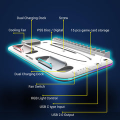 Ant Esports Dock5 RGB with Cooling Fan and Dual Controller Charger Station, PS5 Console Disc & Digital Edition, PS5 Cooling Station Accessories with RGB Light/Headset Holder/6 Game Slots/Screw (White)