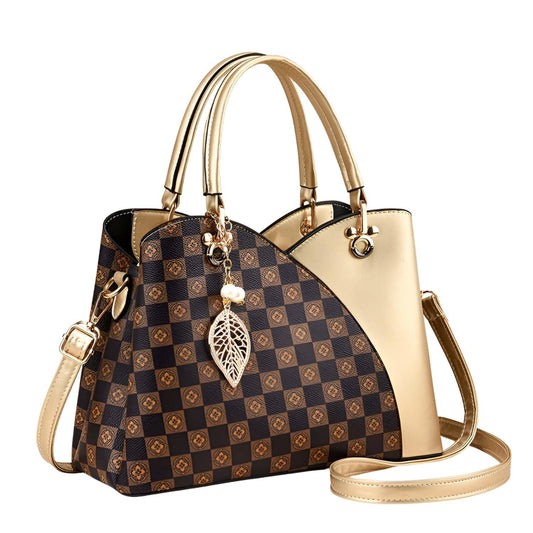 SYGA Women Luxury Spliced Handbag – Elegant Checkered Shoulder Bag with Golden Accent
