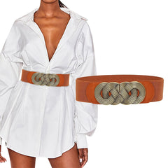 SYGA Women Cinch Belt, PU Leather Stretchy Waist Belt with Woven Metal Buckle, Retro Style Camel