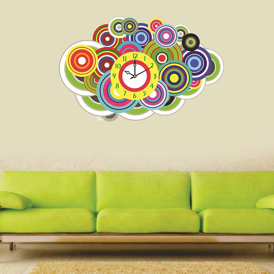 Syga Vinyl Abstract Colorful Circle Wall Clock Sticker- Multicolour