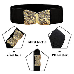 SYGA Women Cinch Belt, PU Leather Stretchy Waist Belt with Floral Lotus Metal Buckle, Retro Style - Black