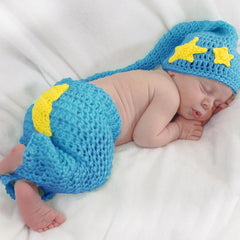 MOMISY Handmade Crochet Baby Photography Prop Set, Blue and Yellow Stars, Pant with Cap