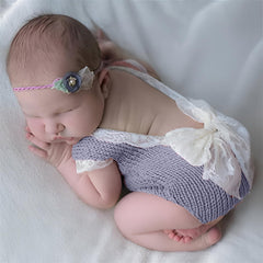 MOMISY Baby girl's Photography Photoshoot Costume,crochet Romper with lace boarder and lace bow on backside (Grey, Newborn)