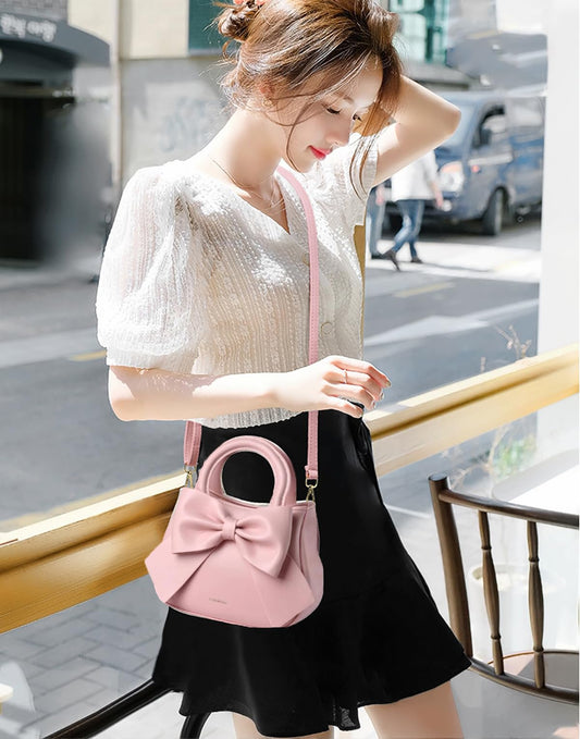 SYGA Women Bow Handheld Shoulder Bag Crossbody Fresh And Sweet Girly Style Small Bucket Bag (Pink)