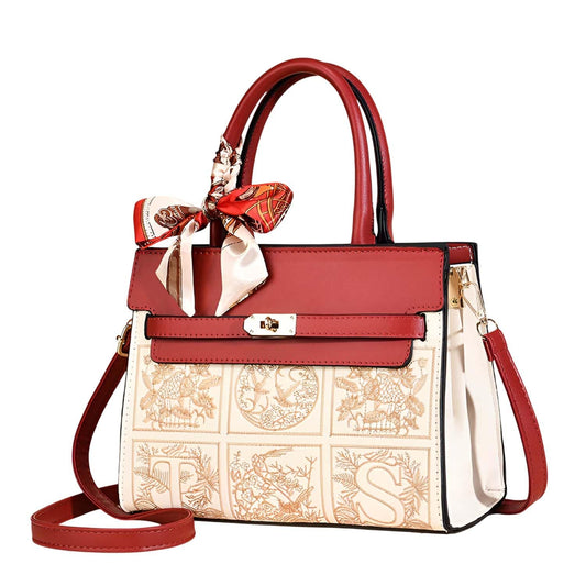 SYGA Women Elegant Contrast Stitch Tote Bag – Handbag with Scarf Accent,