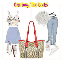 MOMISY Women's Straw Large Capacity Shoulder Tote Handbag with Top Handle-Red Handle