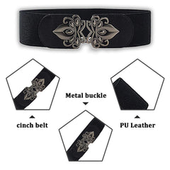 SYGA Women Cinch Belt, PU Leather Stretchy Waist Belt with Emblem Metal Buckle, Retro Style - Black((Fits Waist Size 25-35)