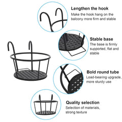 STANSY Iron Balcony Railing Plant Holder, Round Hanging Flower Pot Stand, Heavy Duty Metal Planter Basket for Balcony, Garden & Outdoor Decor, BlacK