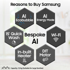 Samsung Smart Choice 12 kg, 5star, AI Ecobubble, Super Speed, Wi-Fi, Hygiene Steam with Inbuilt Heater, Digital Inverter, Fully-Automatic Front Load Washing Machine (WW12DG5B24AXTL, Inox)
