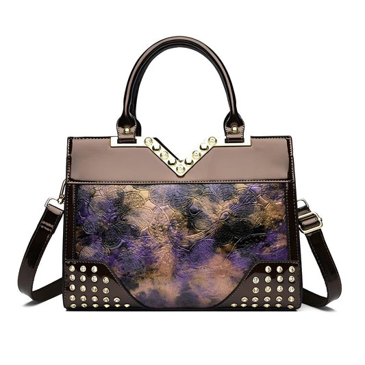 SYGA Women Elegant Embossed Tote – Rivet & Diamond Detail Large Capacity Shoulder Messenger Bag for Stylish