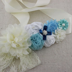 SYGA Pregnant Woman Baby Shower Maternity Flower Belt For MOM To Be & Daddy To Be Woman Belt Photography Props (Blue Wave)