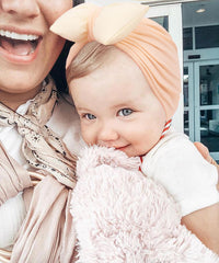 SYGA Plaid Bow Knot Turban Hat for New Born Baby Cap Streachable Toddler Infant Baby Head Wear Hats 0-4 Years (Light Gray (Pink Bow))
