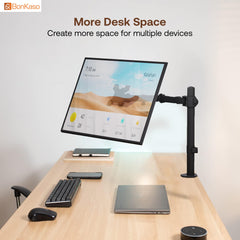 BonKaso Adjustable Single Arm Monitor Stand for Desk | Alloy Steel Durable Mount for 13”-27” Screens | 360° Rotation, Height Adjustable, Cable Management, Space Saving Monitor Arm (Black & White)